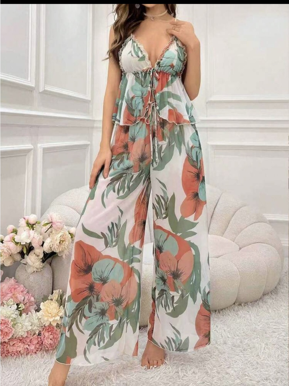Floral Wide-Leg Jumpsuit in Coral & Mint